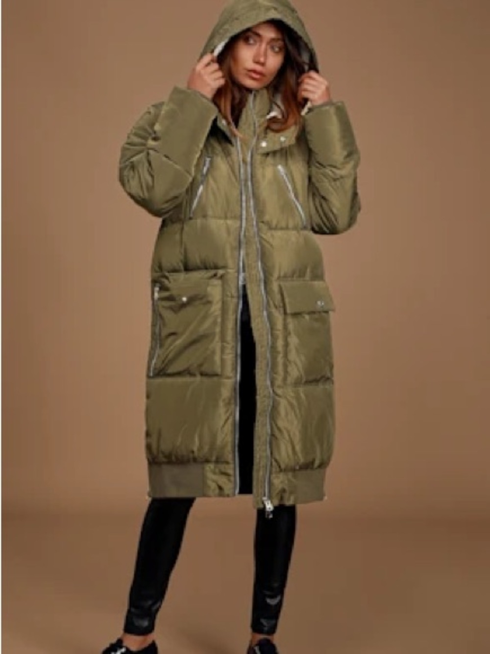 Free People Oslo Jacket- Olive Hooded Long Puffer Coat